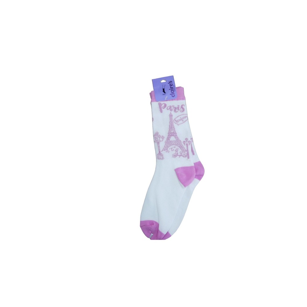 Claire's Crew Socks Kids 9-11 White Paris Eiffel Tower Pink Glitter